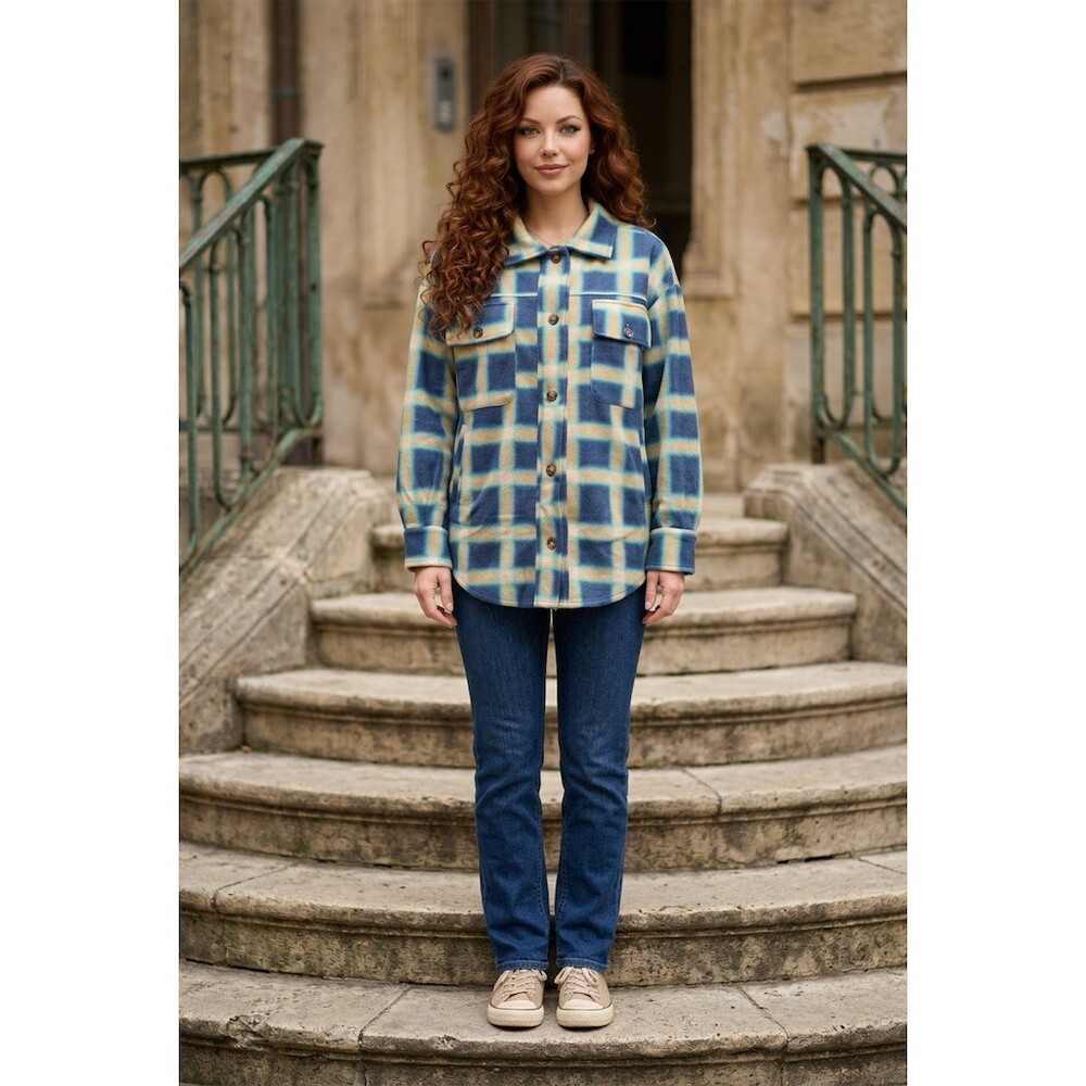 Davi & Dani Shacket Jacket Womens Size S Blue Yellow Plaid Button Front - Picture 2 of 5